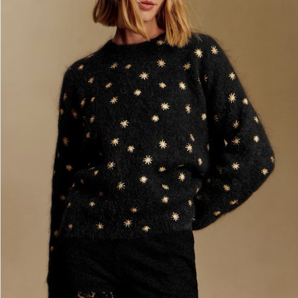 Sezane Ferdinand Sweater, Black with Gold Sun Motifs, Kid Mohair, S, Excellent